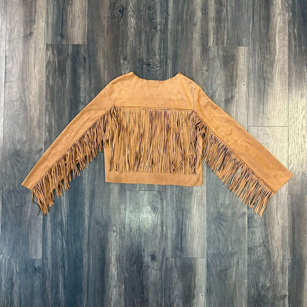 Brown Full Fringe Light Jacket Faux Suede Open Front Western Crop fit Size Large - Picture 2 of 8